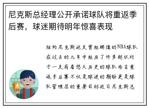 尼克斯总经理公开承诺球队将重返季后赛，球迷期待明年惊喜表现