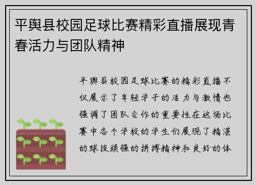 平舆县校园足球比赛精彩直播展现青春活力与团队精神
