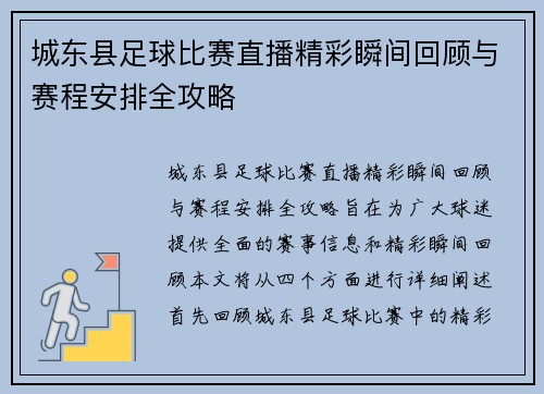 城东县足球比赛直播精彩瞬间回顾与赛程安排全攻略